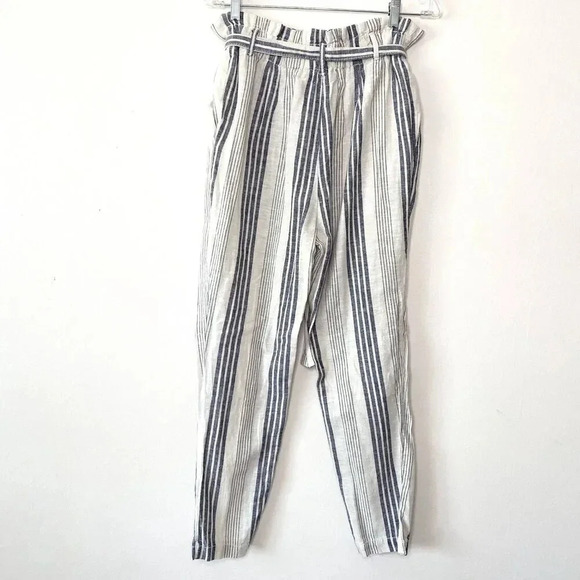 Cali 1850 Linen Striped Paper Bag Linen Blend Women's Medium White Blue Pants - Picture 5 of 7